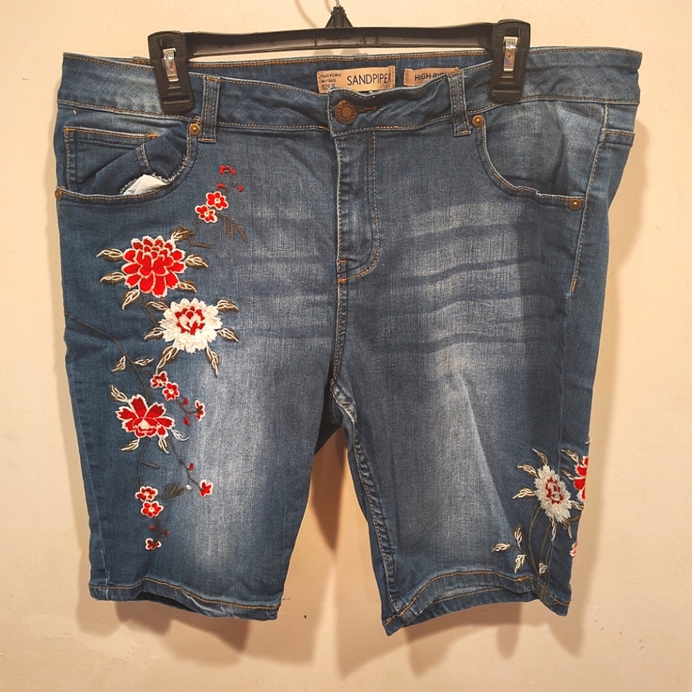Sandpiper Blue Embroidered Denim Jean Shorts